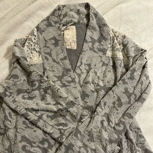 Anthropologie Gray Cotton Robe with Lace Floral Pattern